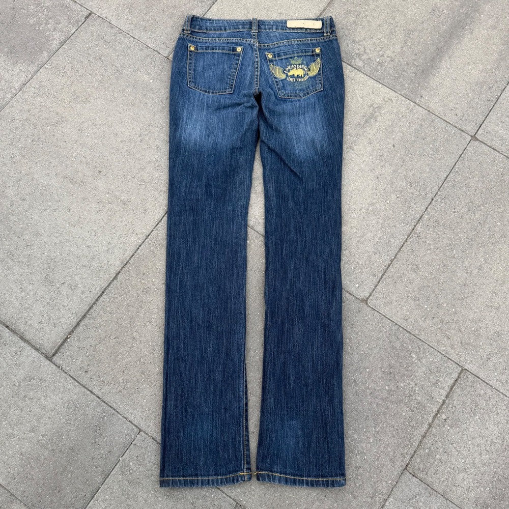 Ecko Red Women Low Rise Bootcut Jeans Dark Wash Gold Rhino Embroidery Y2K 28x31